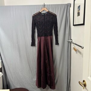 Elegant Silk Black and Burgundy Lace Evening Gown